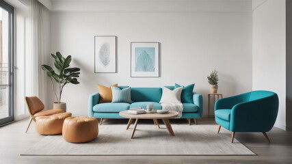  Interior design of living room with turquoise armchair and wooden coffee table