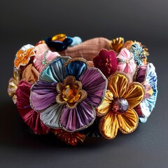 Bracelet made of large colored stones and fabrics in the shape of flowers