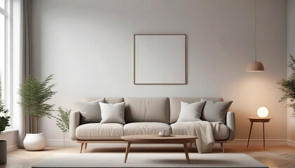 Minimalist modern living room interior background. Living room mock-up in Scandinavian style. Empty wall mockup.