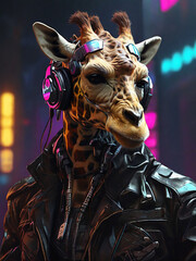 Fototapeta na wymiar Cyberpunk Giraffe in Leather and Headphones by Alex Petruk APe ai generated