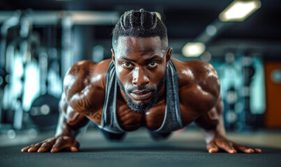 Fototapeta na wymiar Focused African American man performing a push-up, demonstrating strength and endurance in a modern gym setting, with an intense and determined expression