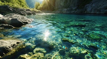  a body of water that is surrounded by rocks and a forest with a sun shining on the top of the water and the bottom of the water is very clear.