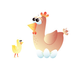 Farm birds family. Chicken, chick isolated on white background. Vector illustration
