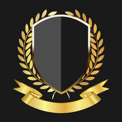 Black shield with golden laurel wreath and ribbon