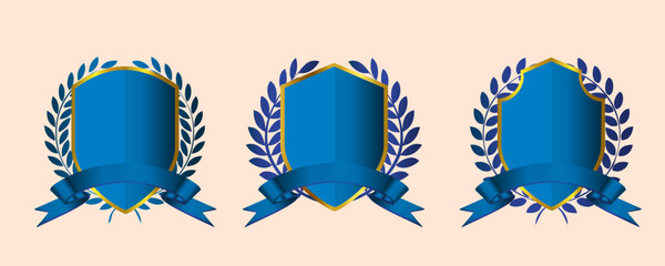 Blue blank shield and laurel wreath collection with ribbon design.