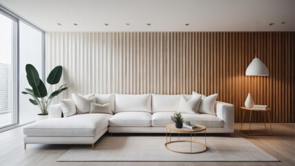  Minimalist interior design of modern living room with white corner sofa and wavy paneling wall
