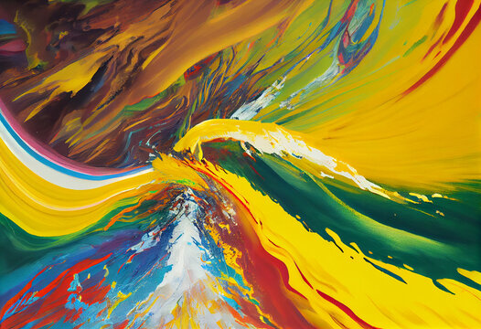 An abstract painting of a multicolored background with a white and yellow stripe on the bottom of the image and the bottom of the image hyper realistic.