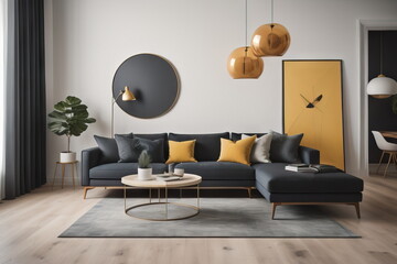 Modern interior of living room with black sofa 
