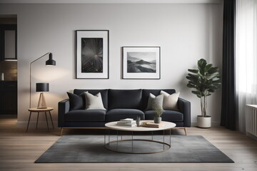 Modern interior of living room with black sofa 