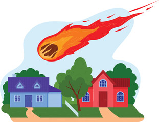 Meteor falling towards houses, neighborhood under threat from space. Disaster and emergency concept vector illustration.