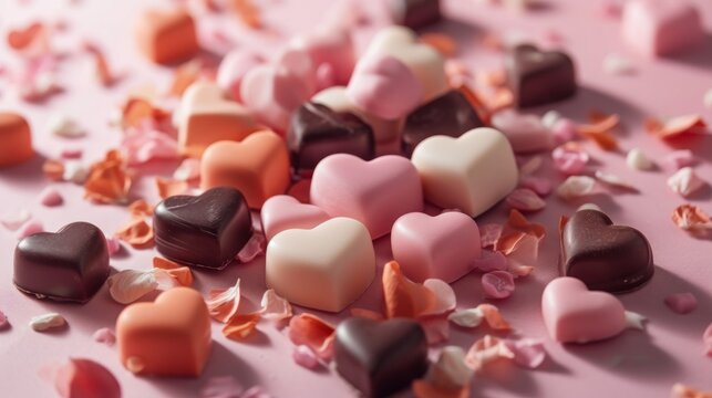  a pile of assorted heart shaped candies on a pink surface with confetti scattered all over the top of the candies and on the bottom of the table.