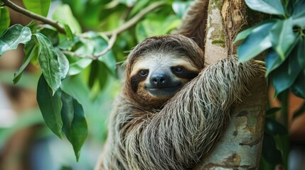  a three - toed sloth hangs from a tree branch in a tropical forest, with its front paws on a tree branch, with green leaves and a blurry background.