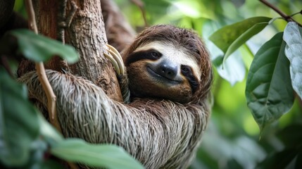  a close up of a sloth in a tree with its head hanging over the side of the sloth's neck and it's tongue hanging down.