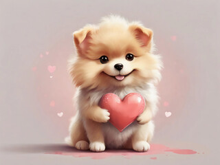 Fototapeta na wymiar Cute fluffy baby dog holding heart for Valentine's day. 