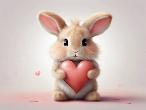 Cute fluffy bunny holding heart for Valentine's day.	