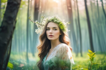 Portrait of a young beautiful woman with healthy skin against a background of green trees, made in the technique of double exposure