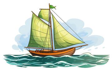 Sailing boat floating on water surface. Sea yacht with olive sails and water isolated on PNG Background. Generative Ai.