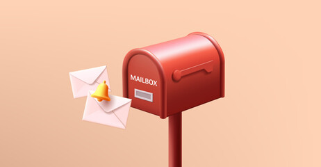 Vintage red mailboxes with envelopes and bell notification icon, post delivery composition, 3d render cartoon style