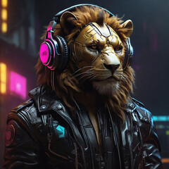 Fototapeta na wymiar Cyberpunk Lion in Leather and Headphones by Alex Petruk APe ai generated