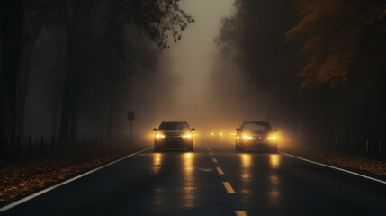 Two cars with headlights on navigate a foggy road lined with autumn trees, creating a mysterious and moody atmosphere.