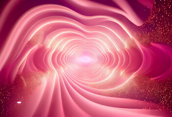 A pink background with a wavy design on top the image is a blurry wave of light and sparkles on the bottom of the image.