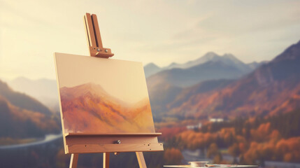 An artist's easel stands outdoors, displaying a painting that captures the stunning autumnal colors of the mountain landscape.
