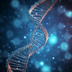 3D render of a DNA molecule on blue background with bokeh. AI.