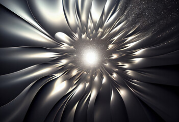 A silver background with a wavy design on top of the image is a blurry wave of light and sparkles on the bottom.