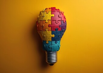 Light bulb made of colorful puzzle pieces, AI generated