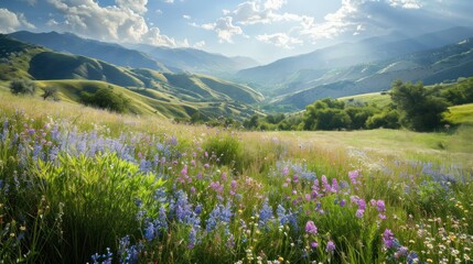 Fototapeta premium a field of wildflowers and other flowers in the foreground with a mountain range in the background in the foreground, with the sun shining through the clouds.