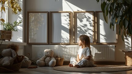  a little girl sitting on the floor in front of a window with a teddy bear in front of her and a potted plant in the corner of the room.