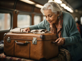 an old grown woman packing for a trip, a journey