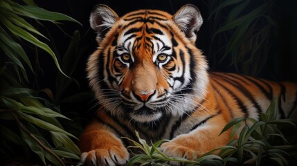 Fototapeta premium a close up of a tiger laying down in a field of grass with leaves on it's sides and a black background behind the tiger is looking at the camera.