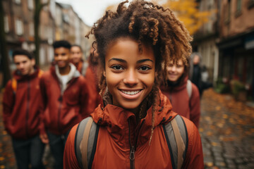 Zdjęcie grupy młodych ludzi na ulicy, gdzie centralnym punktem jest uśmiechnięta dziewczyna, oddająca atmosferę radości i przyjacielskiego spotkania. - obrazy, fototapety, plakaty