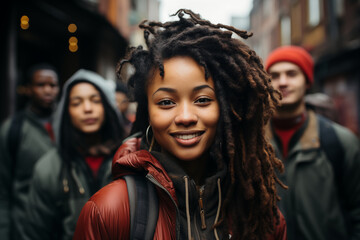 Zdjęcie grupy młodych ludzi na ulicy, gdzie centralnym punktem jest uśmiechnięta dziewczyna, oddająca atmosferę radości i przyjacielskiego spotkania. - obrazy, fototapety, plakaty