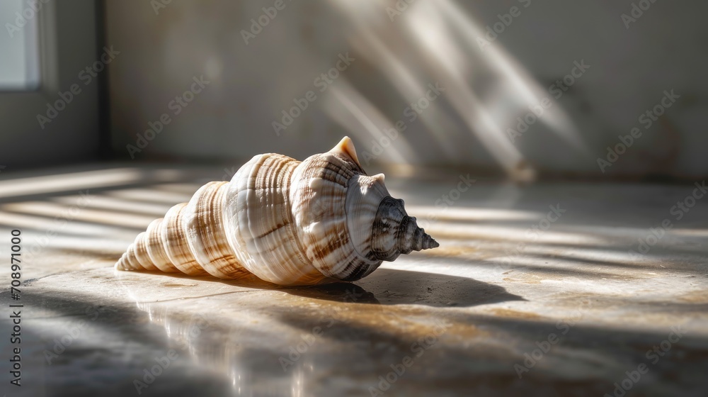 Poster a close up of a sea shell on a surface with sunlight coming through the window and a shadow of a bui