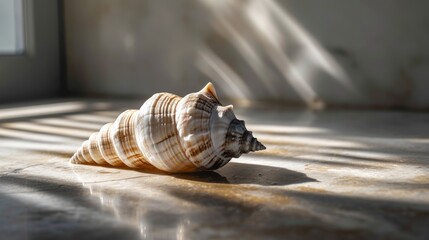  a close up of a sea shell on a surface with sunlight coming through the window and a shadow of a building on the wall behind the sea shell is in the foreground.