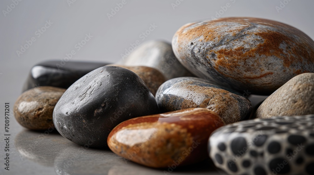 Poster a pile of rocks sitting next to each other on top of a gray surface with a black dot on the top of t