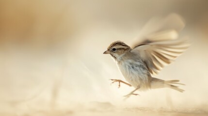  a small bird flying through the air with it's wings wide open and it's head turned to the side with it's wings spread wide open.