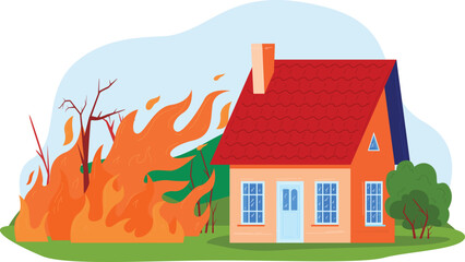 House on fire surrounded by flames with trees and blue sky. Wildfire near residential building vector illustration. Home safety, emergency and natural disaster concept.
