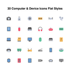 Illustration vector graphic icon of 30 Computer And Device Icons Set. Flat Style Icon. Vector illustration isolated on white background. Perfect for website or application design.