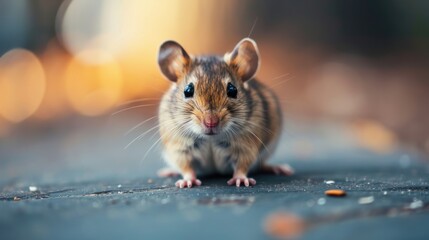  a close up of a small rodent on the ground with drops of water on it's back legs and a blurry background of a blurry background.