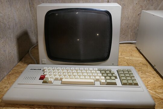 Historical Czechoslovak computer Consul 2717, clone of PMD 85-2, manufactured by factory Zbrojovka Brno in 1989, nicknamed Zbrojovacek, displayed on historical exhibition in Brno, Czech Republic