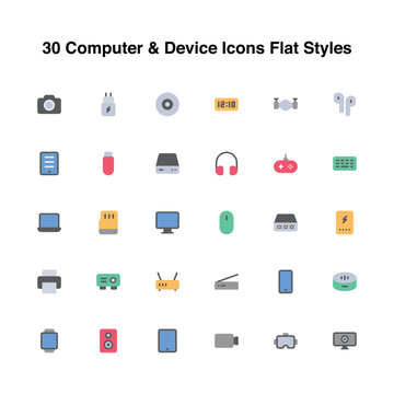 Illustration vector graphic icon of 30 Computer And Device Icons Set. Flat Style Icon. Vector illustration isolated on white background. Perfect for website or application design.