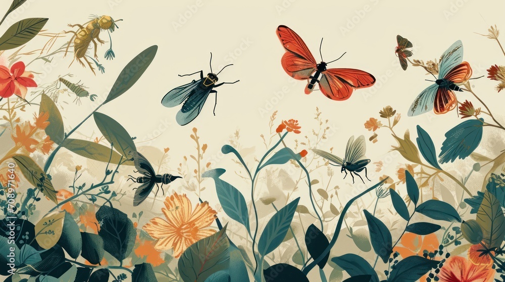 Poster a painting of a bunch of butterflies flying over a field of wildflowers and daisies with a bee in th