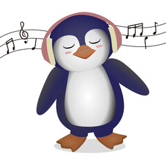 Cute Penguin Listening Music With Headphone Cartoon Vector Icon Illustration. Animal Music Icon Concept 