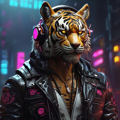 Cyberpunk Tiger in Leather and Headphones by Alex Petruk APe ai generated - obrazy, fototapety, plakaty