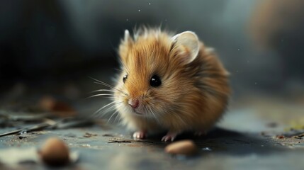  a brown and white hamster sitting on top of a floor next to a pile of nuts on the ground and looking at the camera with a blurry background.