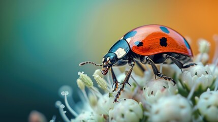 Fototapeta premium a close up of a red and blue beetle on a plant with white flowers in the foreground and a blurry background in the background of the foreground.