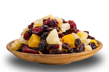 View of delicious sweet dried tropical fruit in wooden plate isolated on white background with clipping path.